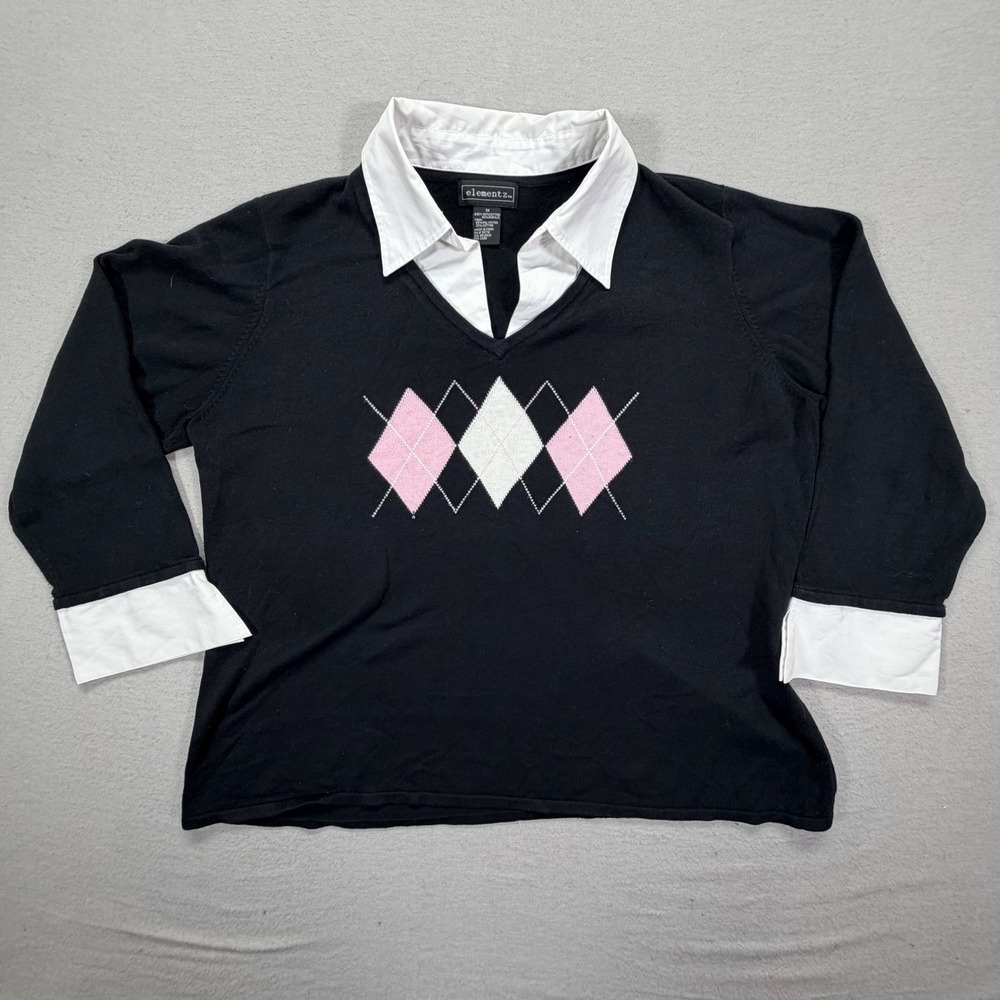 Elementz Argyle Sweater Women 1X Good Black Pink White Layered Collar Preppy Top